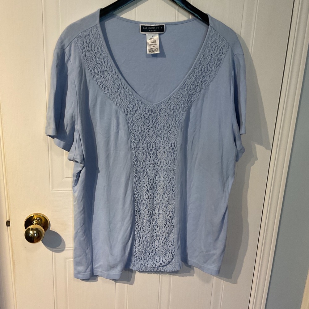 Karen Scott Lace Trim Top Womens 2X Blue Excellent V-Neck Short Sleeve Cotton